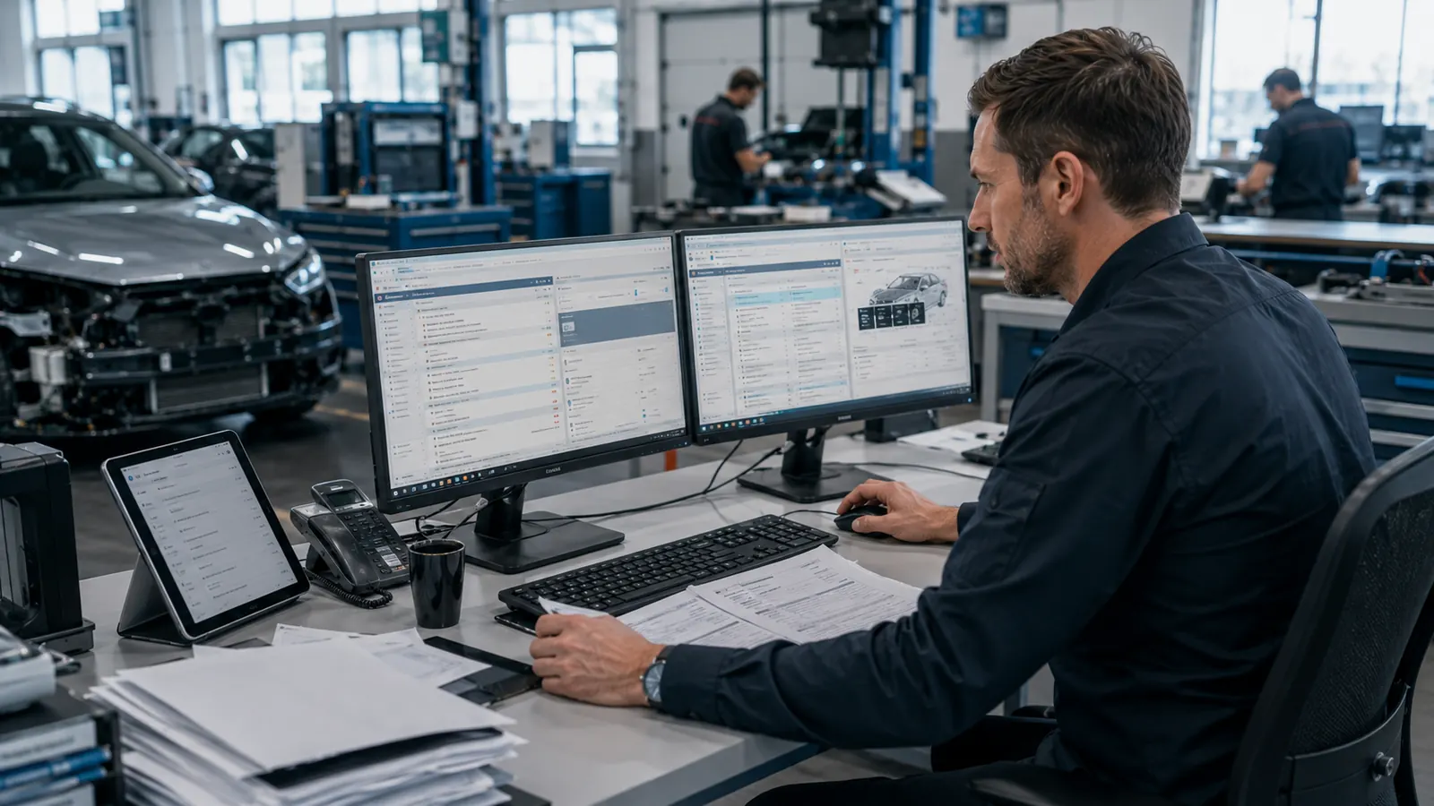 Illustration: Mitarbeiter am Doppelbildschirm im Büro einer Werkstatt