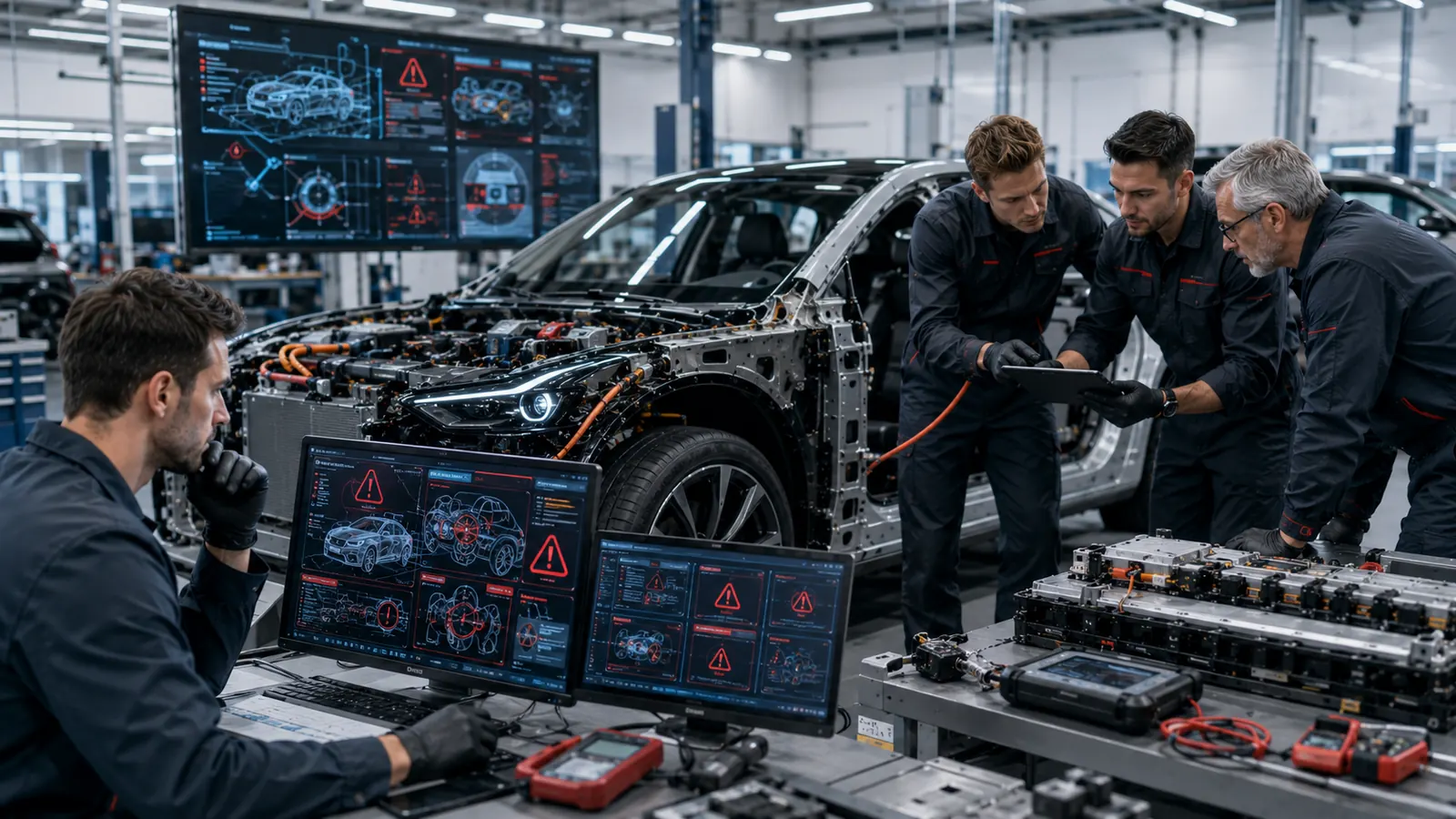 Illustration: Mechaniker arbeiten an einem Elektrofahrzeug mit Diagnosebildschirmen