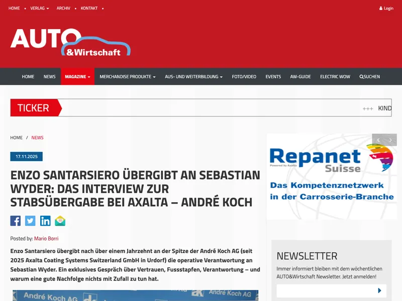 Vorschau: Enzo Santarsiero übergibt an Sebastian Wyder: Das Interview zur Stabsübergabe bei Axalta – André Koch
